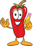 Clip Art Graphic of a Red Chilli Pepper Cartoon Character Holding a Pencil