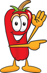 Clip Art Graphic of a Red Chilli Pepper Cartoon Character Waving and Pointing