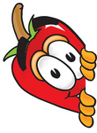 Clip Art Graphic of a Red Chilli Pepper Cartoon Character Peeking Around a Corner