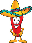 Clip Art Graphic of a Red Chilli Pepper Cartoon Character Wearing a Sombrero Hat