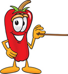 Clip Art Graphic of a Red Chilli Pepper Cartoon Character Holding a Pointer Stick