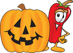 Clip Art Graphic of a Red Chilli Pepper Cartoon Character With a Carved Halloween Pumpkin