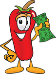 Clip Art Graphic of a Red Chilli Pepper Cartoon Character Holding a Dollar Bill