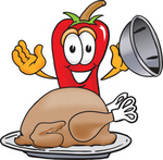 Clip Art Graphic of a Red Chilli Pepper Cartoon Character Serving a Thanksgiving Turkey on a Platter