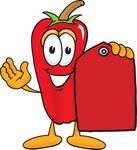 Clip Art Graphic of a Red Chilli Pepper Cartoon Character Holding a Red Sales Price Tag
