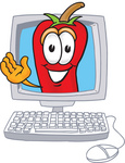 Clip Art Graphic of a Red Chilli Pepper Cartoon Character Waving From Inside a Computer Screen