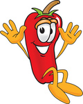 Clip Art Graphic of a Red Chilli Pepper Cartoon Character Jumping