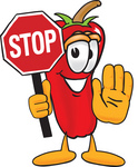Clip Art Graphic of a Red Chilli Pepper Cartoon Character Holding a Stop Sign