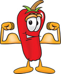 Clip Art Graphic of a Red Chilli Pepper Cartoon Character Flexing His Arm Muscles