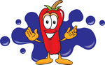 Clip Art Graphic of a Red Chilli Pepper Cartoon Character Logo With Blue Paint Splatters