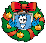 Clip Art Graphic of a Desktop Computer Cartoon Character in the Center of a Christmas Wreath
