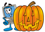 Clip Art Graphic of a Desktop Computer Cartoon Character With a Carved Halloween Pumpkin