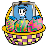 Clip Art Graphic of a Desktop Computer Cartoon Character in an Easter Basket Full of Decorated Easter Eggs