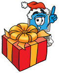 Clip Art Graphic of a Desktop Computer Cartoon Character Standing by a Christmas Present