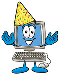Clip Art Graphic of a Desktop Computer Cartoon Character Wearing a Birthday Party Hat