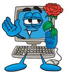 Clip Art Graphic of a Desktop Computer Cartoon Character Holding a Red Rose on Valentines Day