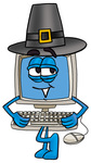 Clip Art Graphic of a Desktop Computer Cartoon Character Wearing a Pilgrim Hat on Thanksgiving