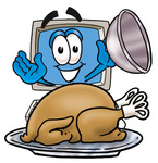 Clip Art Graphic of a Desktop Computer Cartoon Character Serving a Thanksgiving Turkey on a Platter