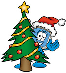 Clip Art Graphic of a Desktop Computer Cartoon Character Waving and Standing by a Decorated Christmas Tree