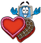 Clip Art Graphic of a Desktop Computer Cartoon Character With an Open Box of Valentines Day Chocolate Candies