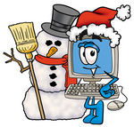 Clip Art Graphic of a Desktop Computer Cartoon Character With a Snowman on Christmas