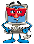 Clip Art Graphic of a Desktop Computer Cartoon Character Wearing a Red Mask Over His Face