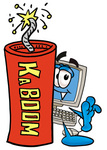Clip Art Graphic of a Desktop Computer Cartoon Character Standing With a Lit Stick of Dynamite