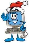 Clip Art Graphic of a Desktop Computer Cartoon Character Wearing a Santa Hat and Waving