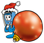 Clip Art Graphic of a Desktop Computer Cartoon Character Wearing a Santa Hat, Standing With a Christmas Bauble
