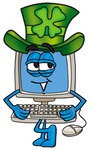 Clip Art Graphic of a Desktop Computer Cartoon Character Wearing a Saint Patricks Day Hat With a Clover on it