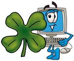 Clip Art Graphic of a Desktop Computer Cartoon Character With a Green Four Leaf Clover on St Paddy’s or St Patricks Day