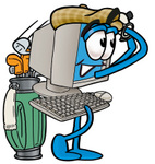 Clip Art Graphic of a Desktop Computer Cartoon Character Swinging His Golf Club While Golfing