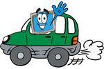 Clip Art Graphic of a Desktop Computer Cartoon Character Driving a Green Car and Waving