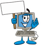 Clip Art Graphic of a Desktop Computer Cartoon Character Holding a Blank Sign