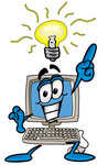 Clip Art Graphic of a Desktop Computer Cartoon Character With a Bright Idea