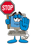 Clip Art Graphic of a Desktop Computer Cartoon Character Holding a Stop Sign