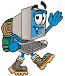 Clip Art Graphic of a Desktop Computer Cartoon Character Hiking and Carrying a Backpack