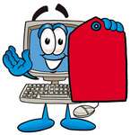 Clip Art Graphic of a Desktop Computer Cartoon Character Holding a Red Sales Price Tag