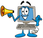 Clip Art Graphic of a Desktop Computer Cartoon Character Holding a Megaphone