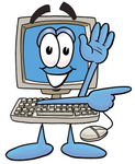 Clip Art Graphic of a Desktop Computer Cartoon Character Waving and Pointing