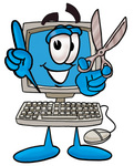 Clip Art Graphic of a Desktop Computer Cartoon Character Holding a Pair of Scissors