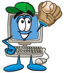 Clip Art Graphic of a Desktop Computer Cartoon Character Catching a Baseball With a Glove