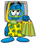Clip Art Graphic of a Desktop Computer Cartoon Character in Green and Yellow Snorkel Gear