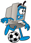 Clip Art Graphic of a Desktop Computer Cartoon Character Kicking a Soccer Ball