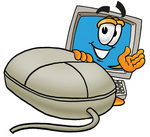 Clip Art Graphic of a Desktop Computer Cartoon Character With a Computer Mouse
