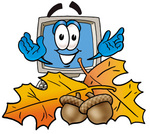 Clip Art Graphic of a Desktop Computer Cartoon Character With Autumn Leaves and Acorns in the Fall