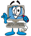 Clip Art Graphic of a Desktop Computer Cartoon Character Looking Through a Magnifying Glass