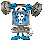 Clip Art Graphic of a Desktop Computer Cartoon Character Holding a Heavy Barbell Above His Head