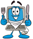 Clip Art Graphic of a Desktop Computer Cartoon Character Holding a Knife and Fork