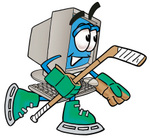 Clip Art Graphic of a Desktop Computer Cartoon Character Playing Ice Hockey